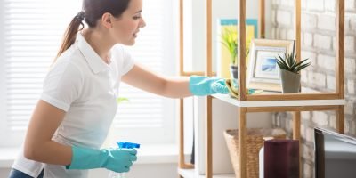 Young Woman Cleaning The Wooden Shelf In Living Room